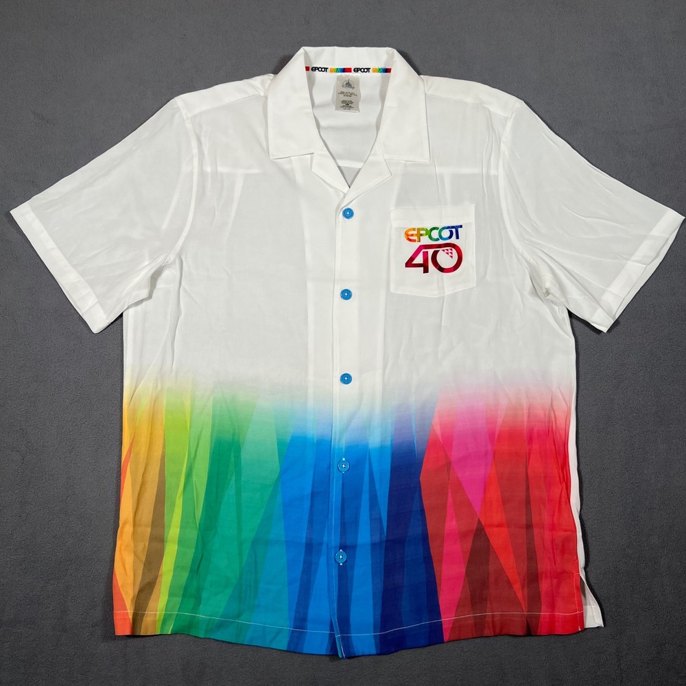 Disney Epcot 40th Anniversary Shirt Mens L Button Up Short‎ Sleeve Rainbow